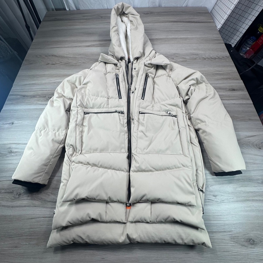 OROLAY Thicken Down Puffer Parka Hooded Coat Full Zip Beige Size Sโ